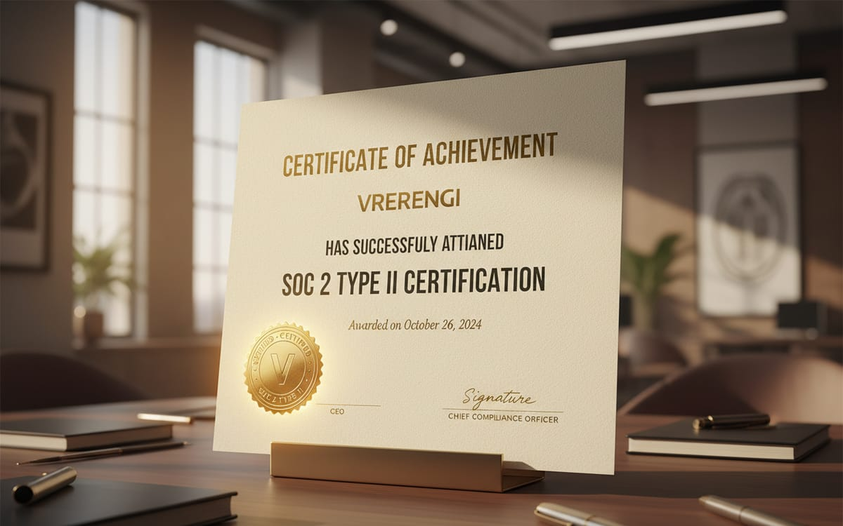 A framed SOC 2 Type II certificate standing on a desk