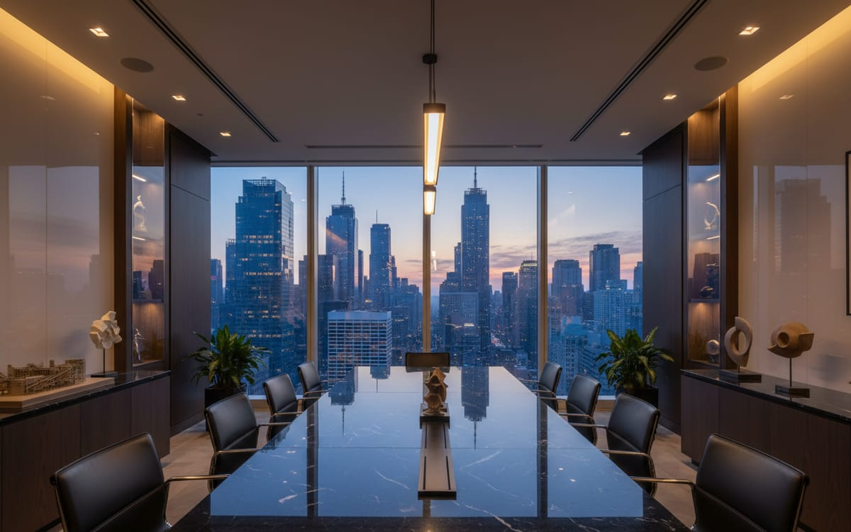 An empty boardroom with a long table and a city skyline through floor-to-ceiling windows