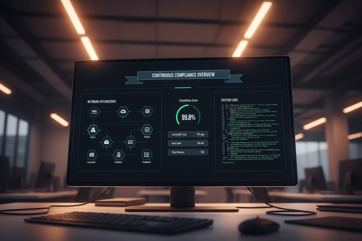 A dark monitor in a dim office showing a compliance dashboard