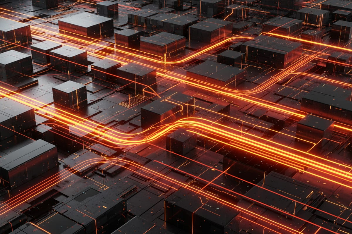 Glowing orange data pathways threading through a dark circuit landscape
