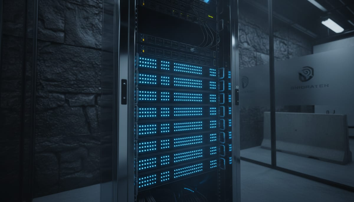 Rows of illuminated server racks receding down a dark data center aisle