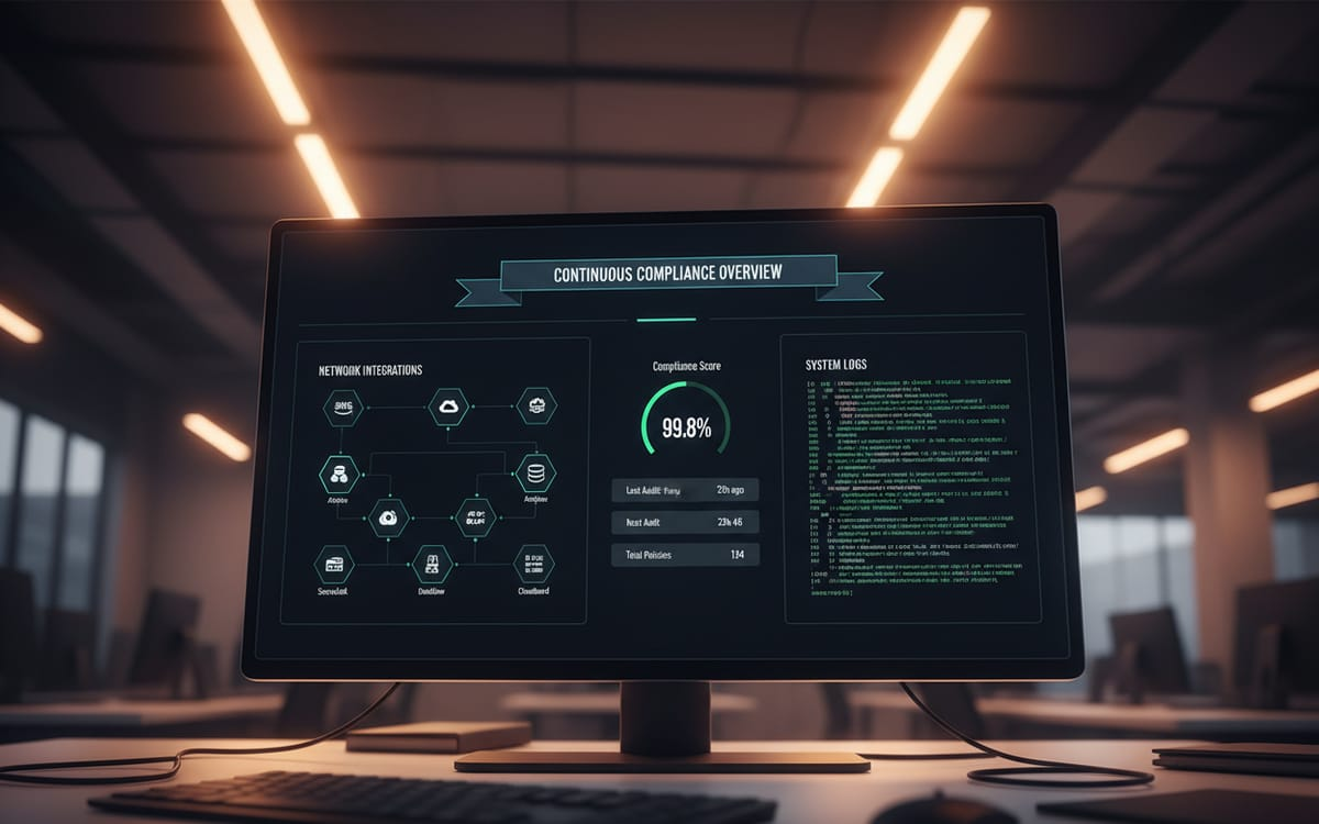 A compliance monitoring dashboard on a desk display in a darkened office