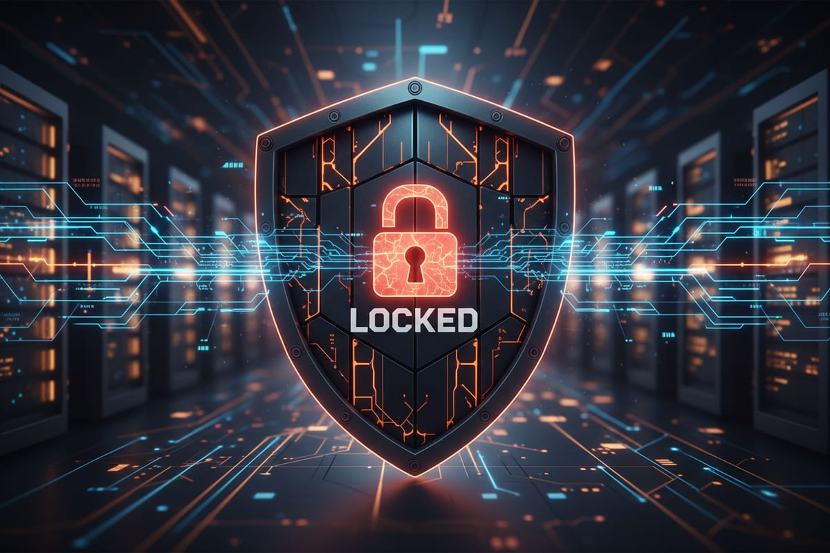 A glowing padlock inside a shield, rendered over a dark server corridor